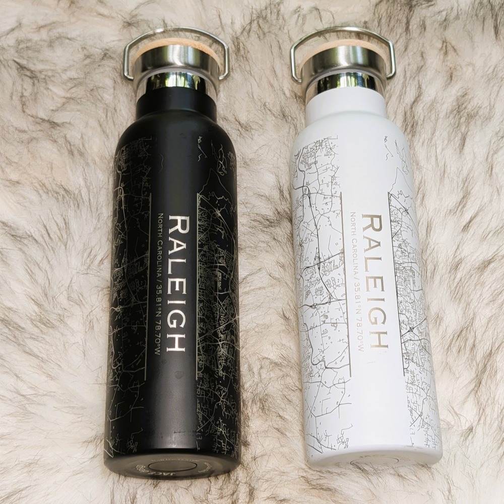 2 Jace 20 oz. Stainless Steel Bottles w/ Engraved map of Raleigh, North Carolina